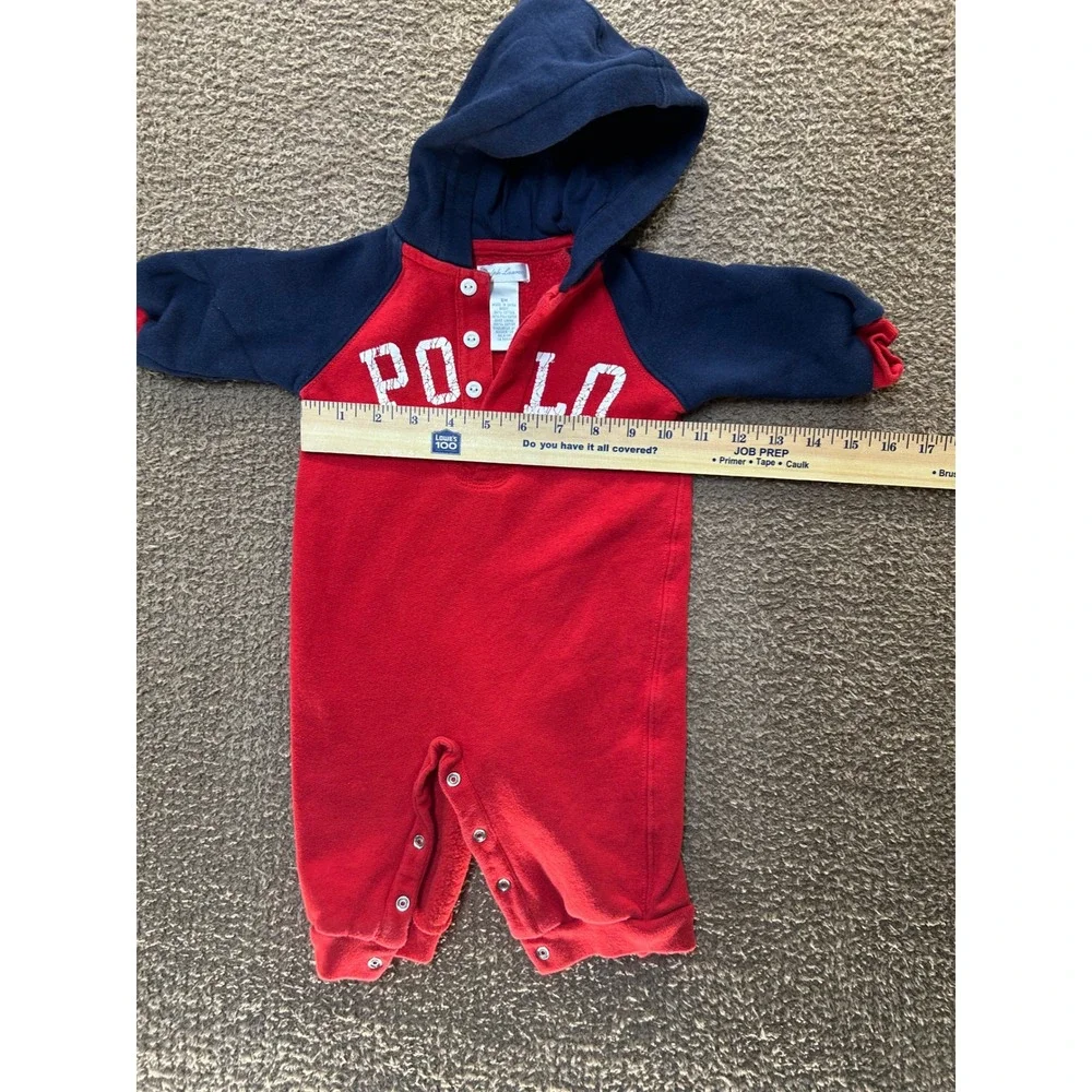 Ralph Lauren Polo Baby Boys Red Navy Hooded Fleece Romper Coverall 9M
